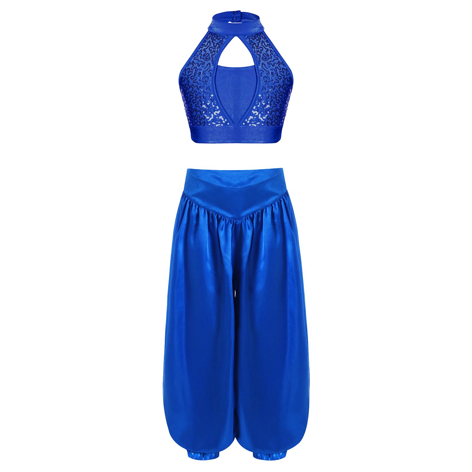 

Girls Belly Dance Set Sequin Crop Top Mock Neck Hollow Front Keyhole Back Paired with Satin Bloomers 5-6 Years синій