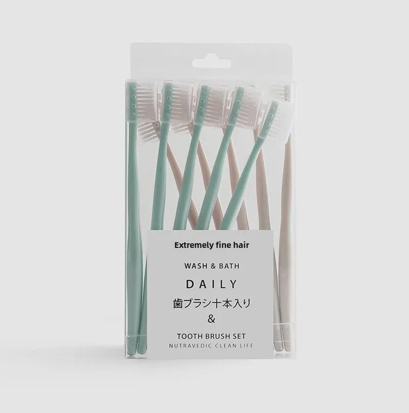 Japanese-Style Soft Bristle Toothbrush Set for Adults with Protective Covers, Small Head, 10 Pieces