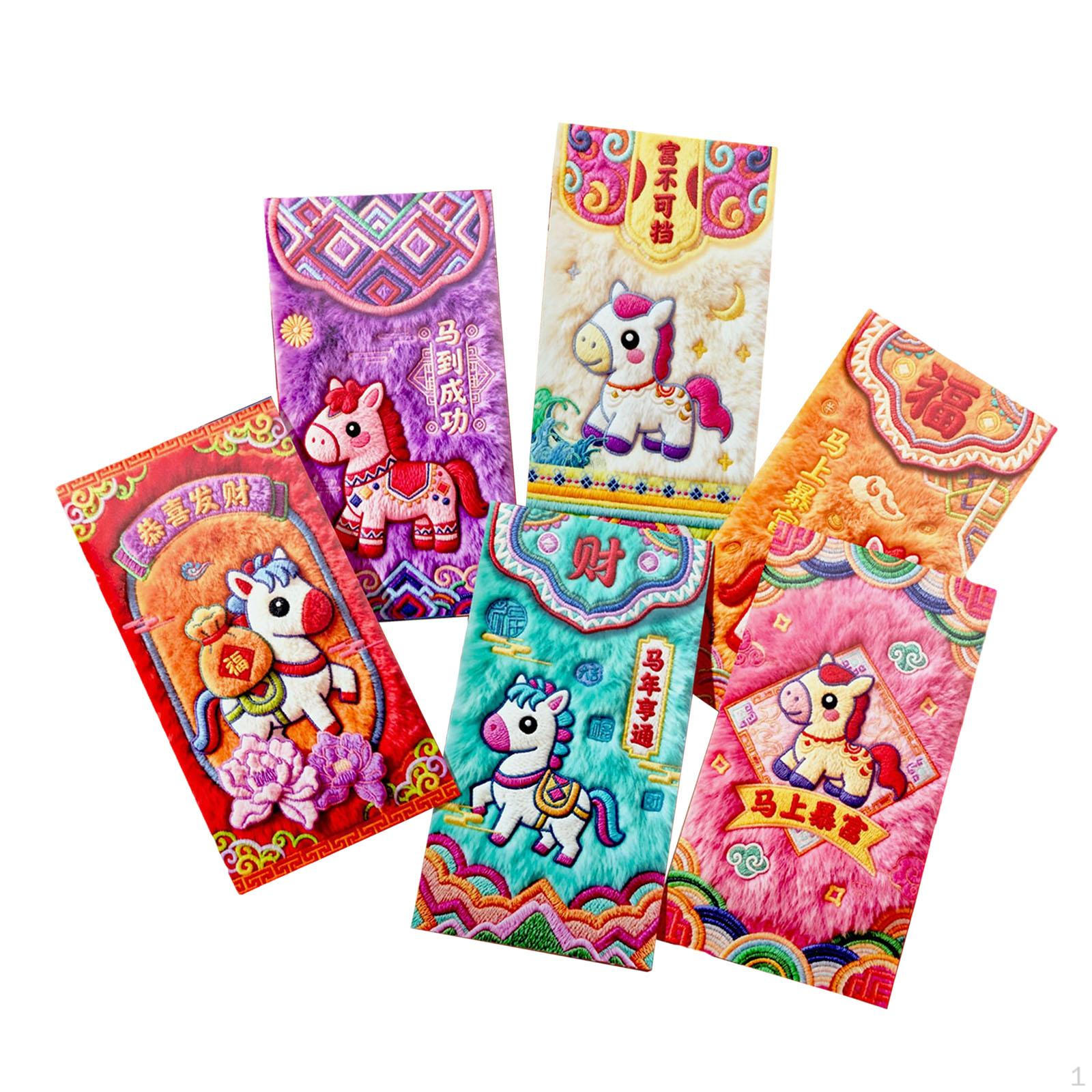 

6 Money Envelopes Hong Bao Red with Horse Motif And Embroidery Card for style A