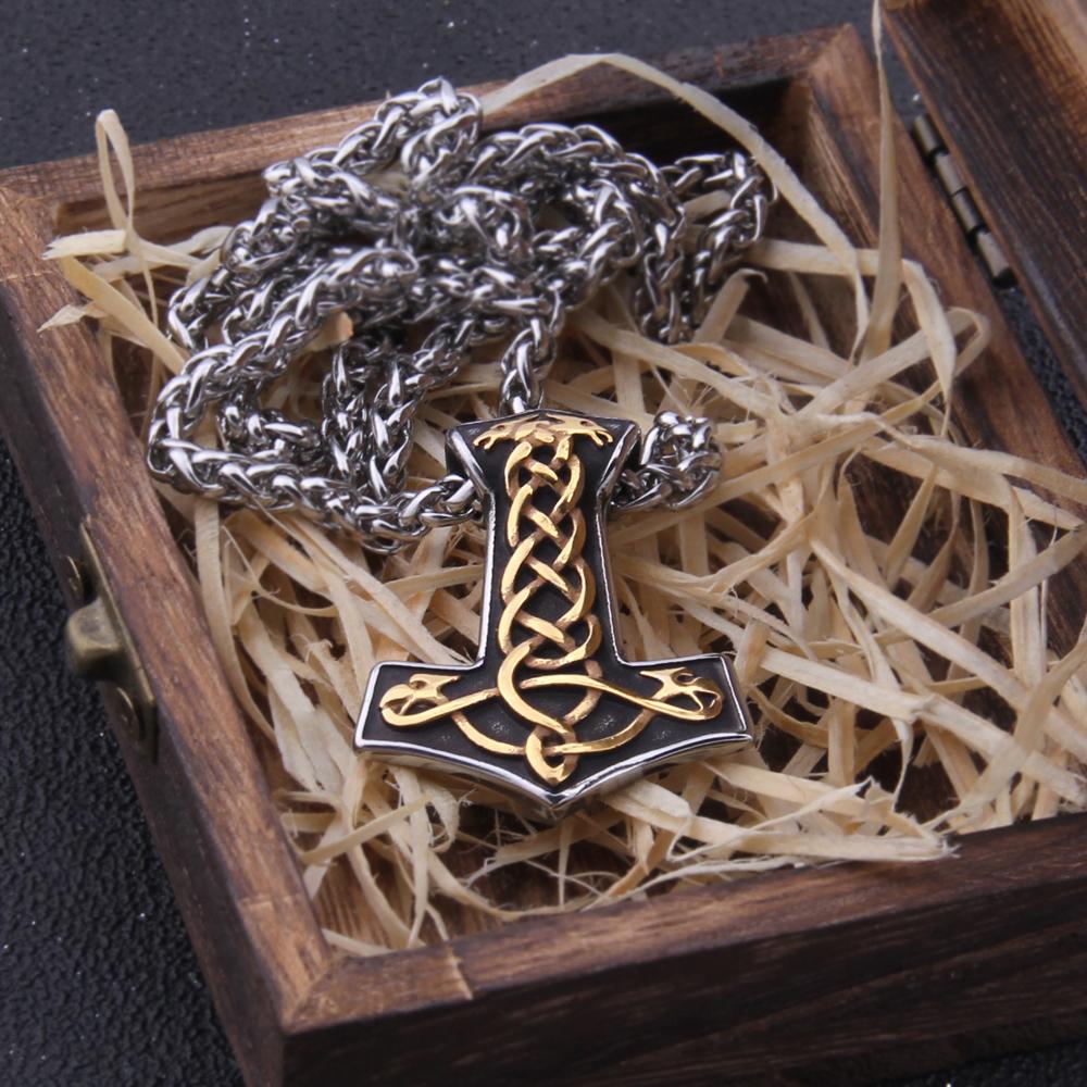 Never Fade Mix Gold Color Thor's Hammer Necklace Viking Scandinavian Wolf Viking Necklace Men Stainless Steel Gift