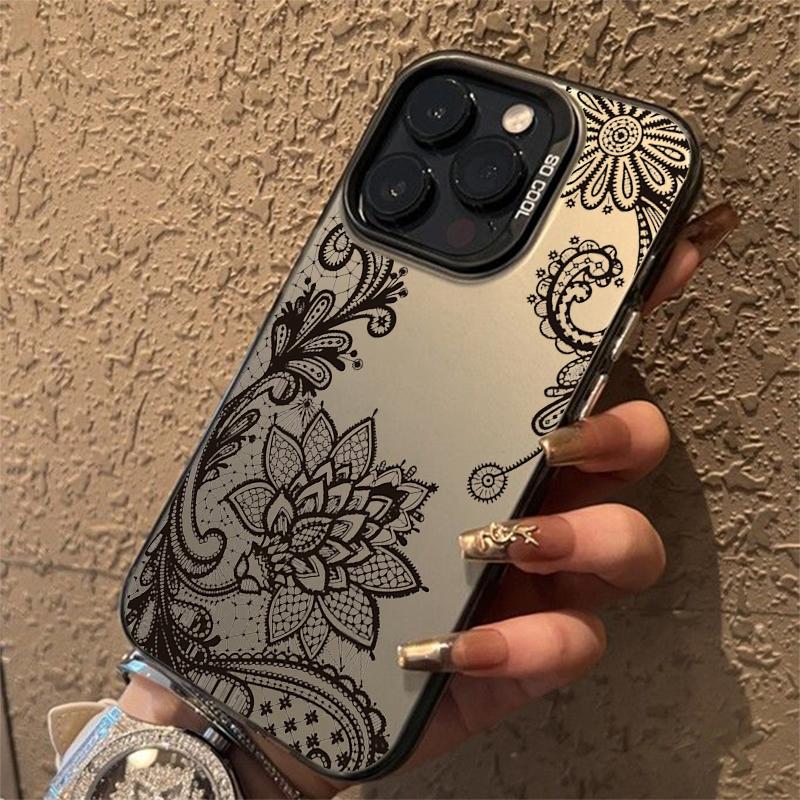 Luxury Lace Florals Pattern Phone Case For iPhone 15 14 13 12 11 16 Pro Max 7 Plus X Shockproof Electroplated Lens Bumper Cover