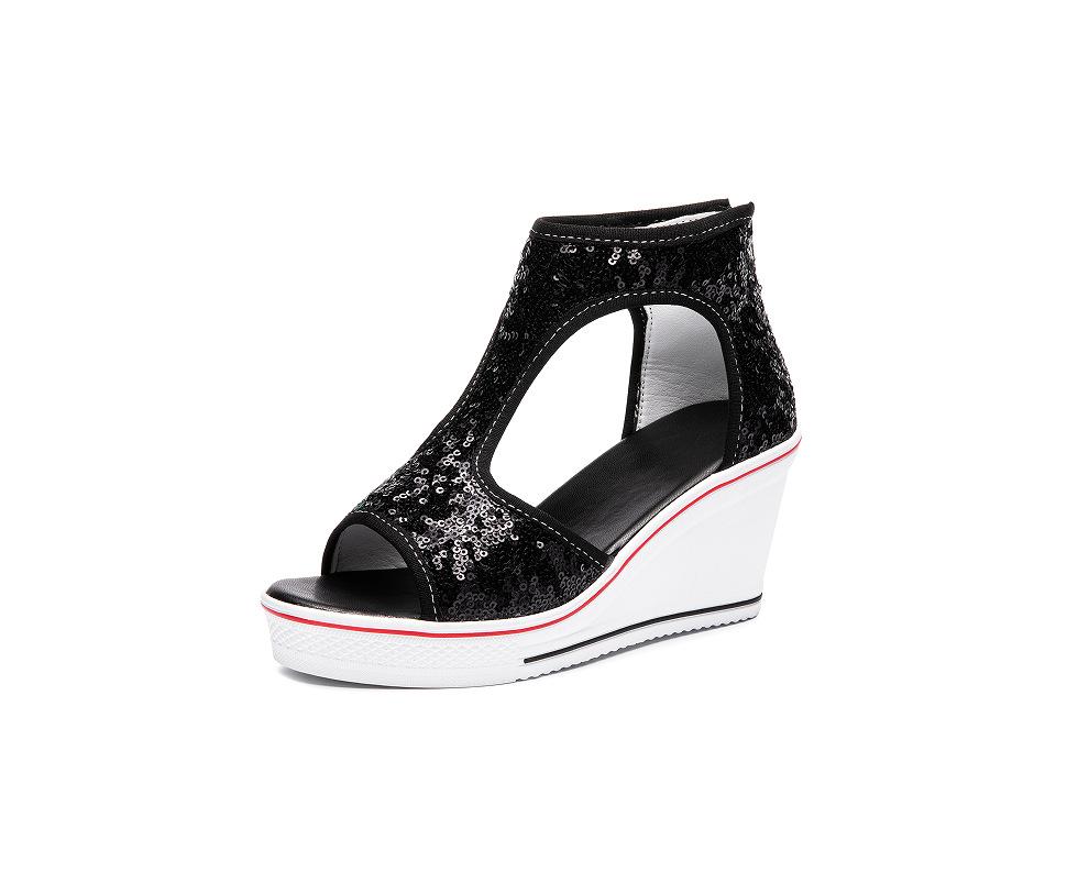 Sandals Women's Summer Slope Heel Open-toed Hollowed-out Women's Shoes 2025 New Version 8CM Beaded High-top Fish Mouth Sandals