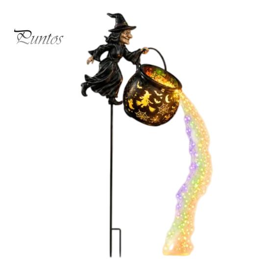 Landscape Decor for Windowsill Halloween Witch Garden Stake Light Outdoor Decoration, 33.5 Inch Waterfall-Style Metal Lighting Lawn Cauldron Ornament,