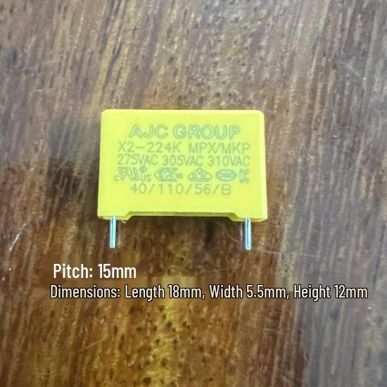 Safety Capacitor 0.22uF 310V, 15mm Pin Spacing