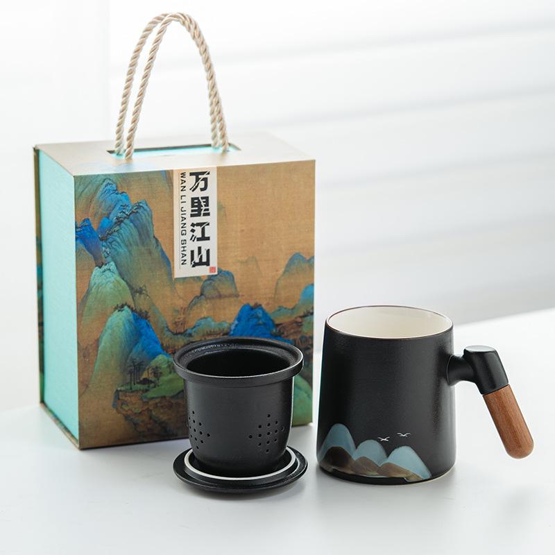 Guochao Holzgriff Yuanshan Keramiktasse mit Deckel Qianli Weißporzellan Jiangshan Büro Tee- und Wasserseparation Geschäftsgeschenk