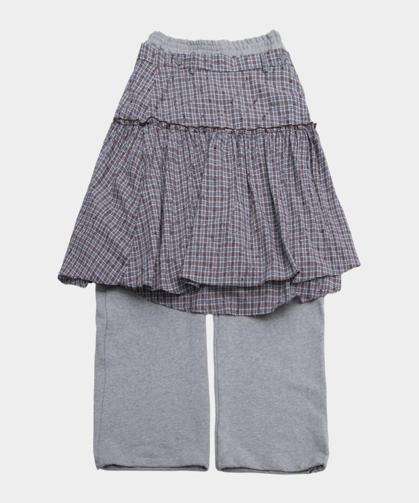 SOME PLACE Asymmetrical Check Layered Midi Wrap Skirt & Training Pants Setup [Gray]