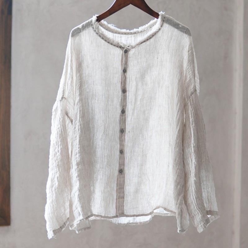 Johnature Vintage Women Shirts O-Neck Long Sleeve Button Blouses Autumn Loose Solid Color Casual Female Shirts