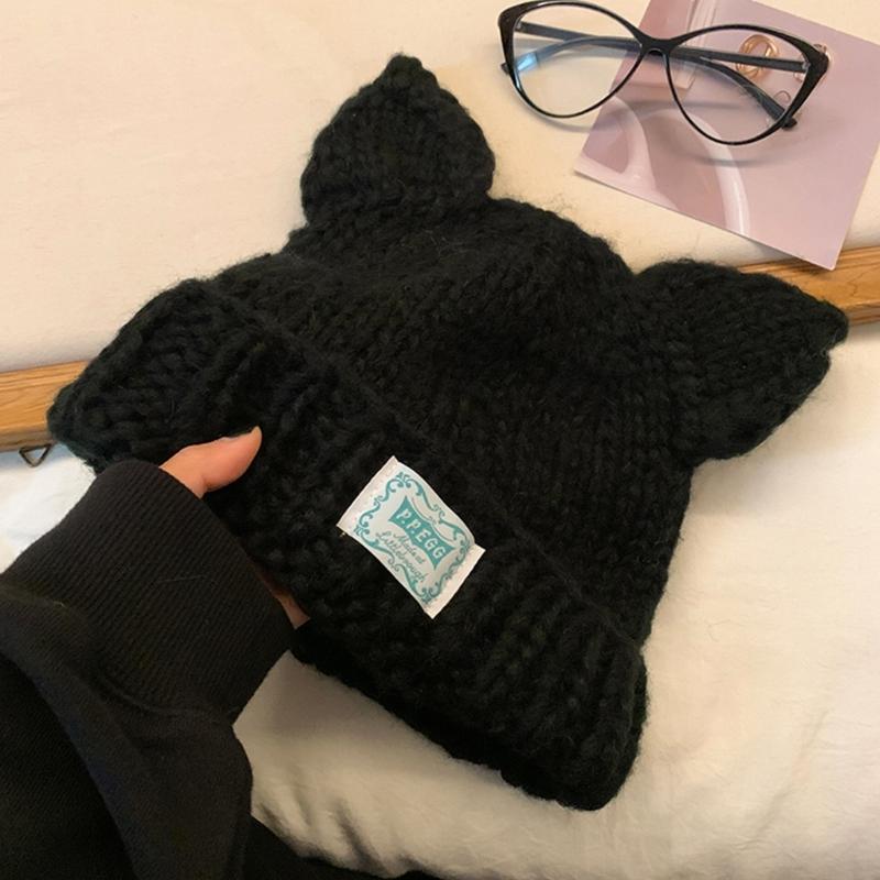 Women Winter Crochet Hat Cats Ear Knitted Hat for Girl Skiing Cycling Warm Winter Snow Hat for Christmas Present