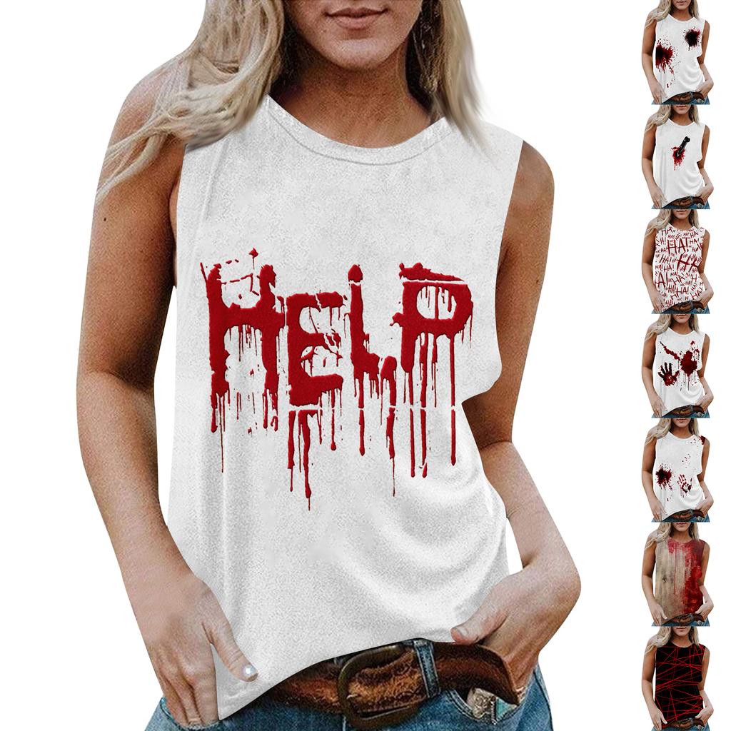 Women's Round Neck Casual Sleeveless Halloween Printed Vest T-Shirt Top