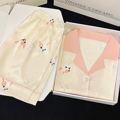 Ice Silk High-Value French Combat Pajamas Women'S Summer Thin Short-Sleeved Shorts Herringbone Lapel Cardigan Loungewear