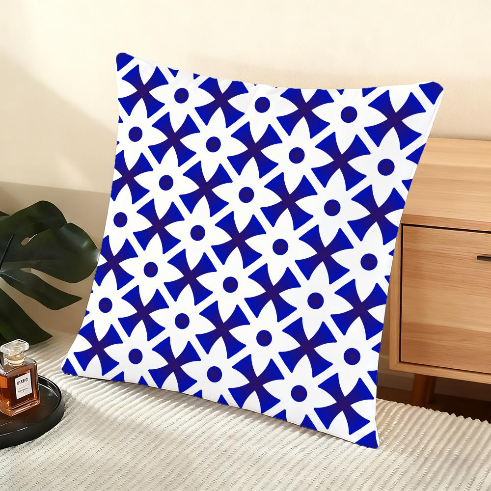Blue And White Geometric Cushion Cover Soft Short Plush Pillow Cover Smooth Cozy Texture Aesthetic Cushion Case Home Decor