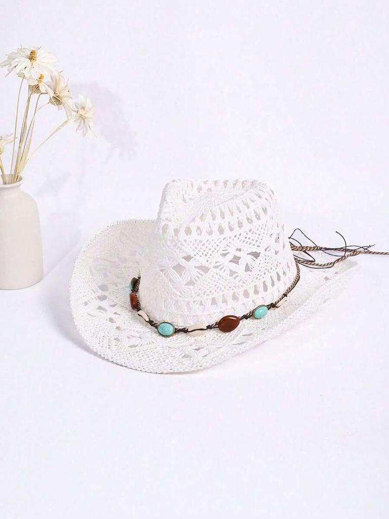 Unisex White Hollow Woven Straw Hat With Beaded Band, Rolled Brim Panama Cowboy Hat For Summer Outdoor Travel Sun Protection