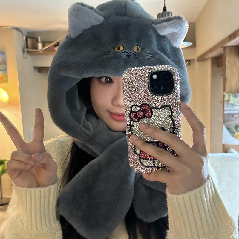 Cute Kitten Hat for Women with Winter Ear Protection Hat Plush Thickened Cartoon Pullover Hat Scarf Integrated Trend