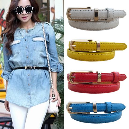 Women Thin Faux Leather Belt Cummerbund Candy Tone Buckle Casual Waistband Strap