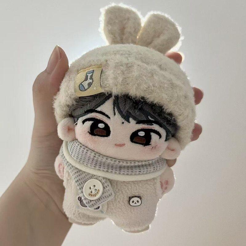 Only Clothes For 10Cm Doll Set Cute Milk White Rabbit Ear Hat Cute Plush Doll Dress Up Accessories Soft Jumpsuit Scarf Outfit