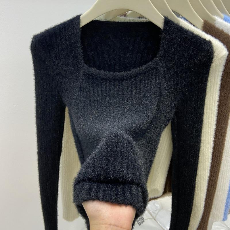 Autumn and Winter Inner Bottoming Shirt Slim Top Solid Color Irregular Square Neck Mink Fleece Sweater Knitted Sweater