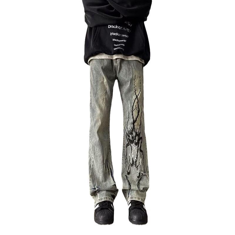 American high street washed old retro micro-horn jeans men's flame afterimage printing thin floor pants
