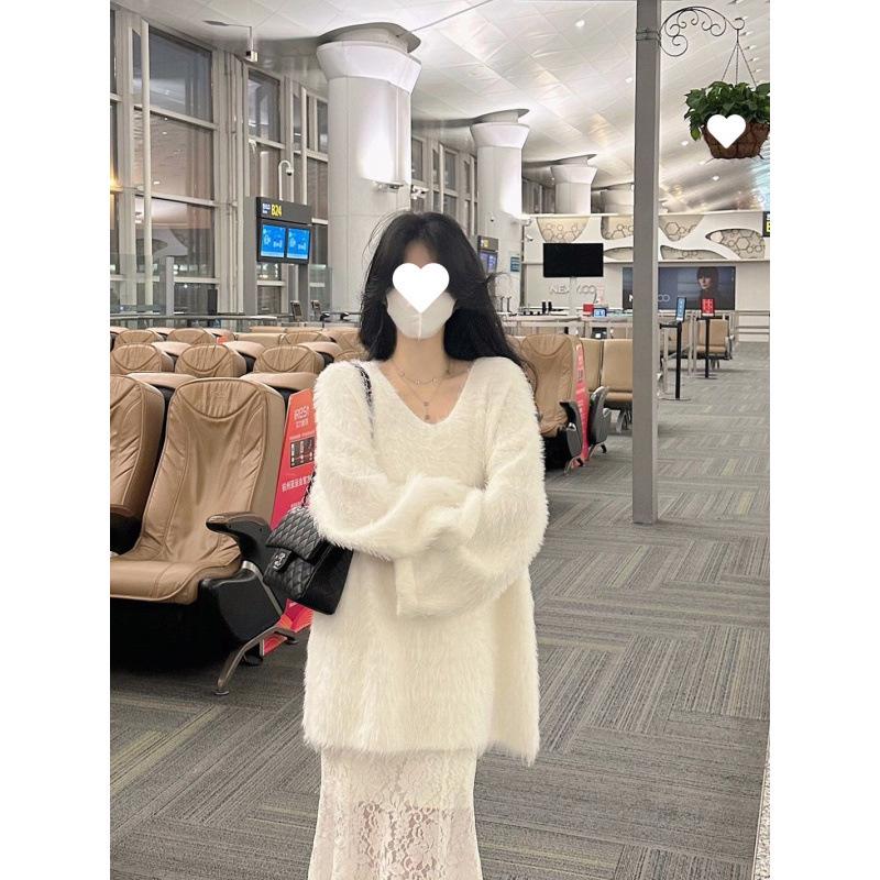 French Chic White Faux Mink V-Neck Sweater Coat - Loose, Thick, and Stylish for Autumn & Winter