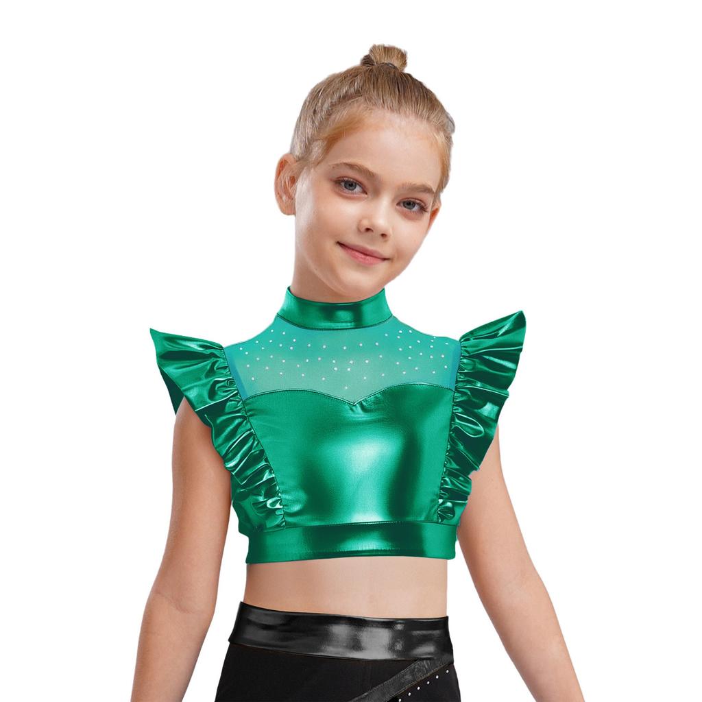 Kids Dance Shirt Metallic Mock Neck Mesh Patchwork Rhinestone Ruffle Crop Top with Press Buttons