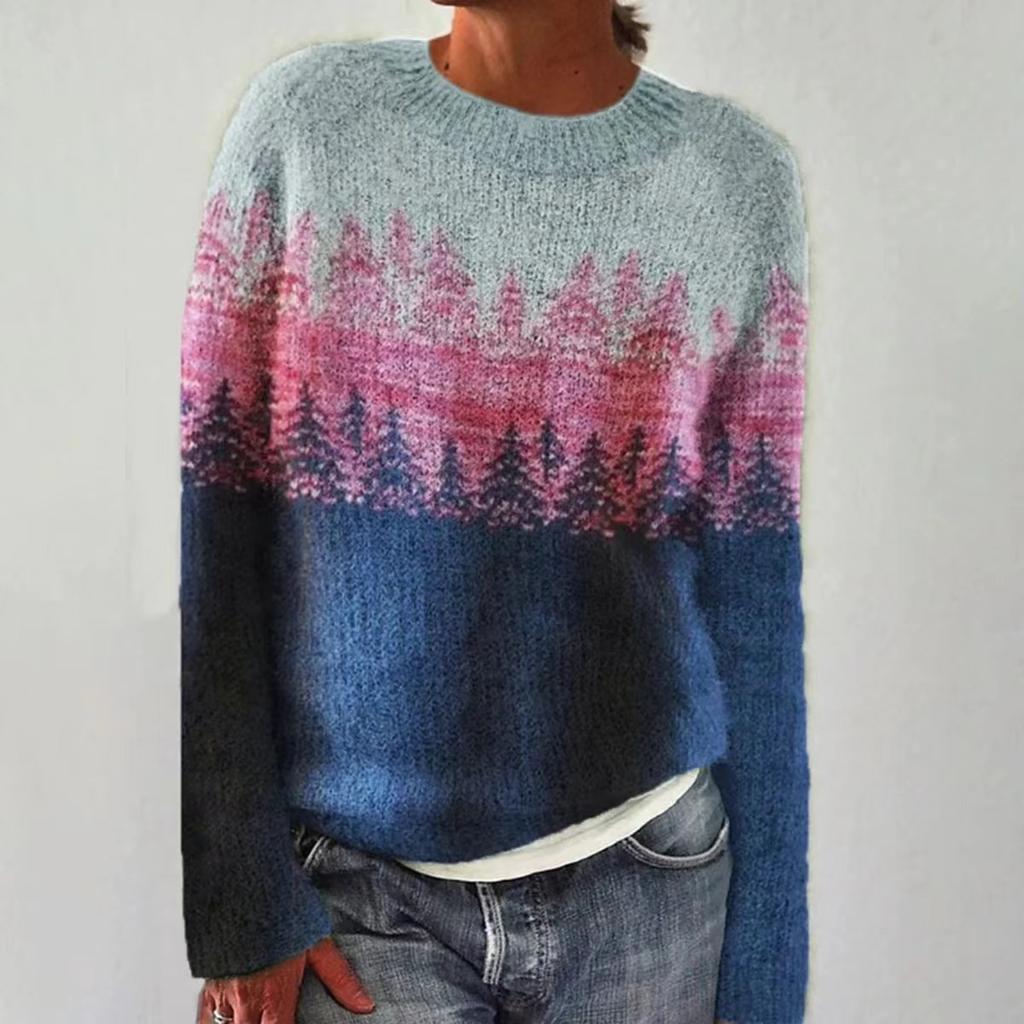 Knitted Women Sweater Print O-neck Long Sleeve Casual Loose Sweaters Female Winter Elegant Trendy Ladies Clothes