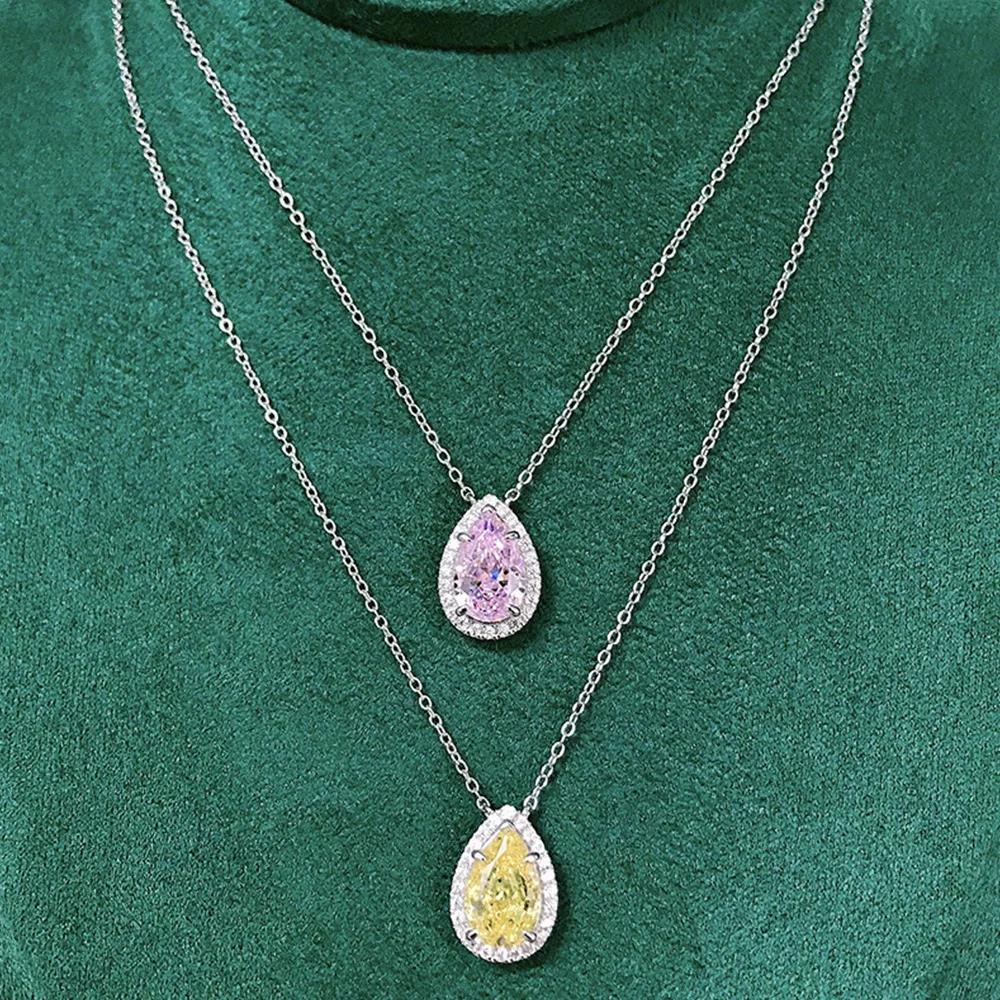 Exquis Collier Féminin Argent Sterling 925 Zircon Rose/Jaune Pendentif Goutte d'Eau Colliers pour Femmes Kolye Collares