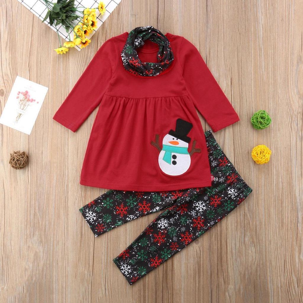 European & American Christmas Girl's Snowman Embroidery Top & Printed Set
