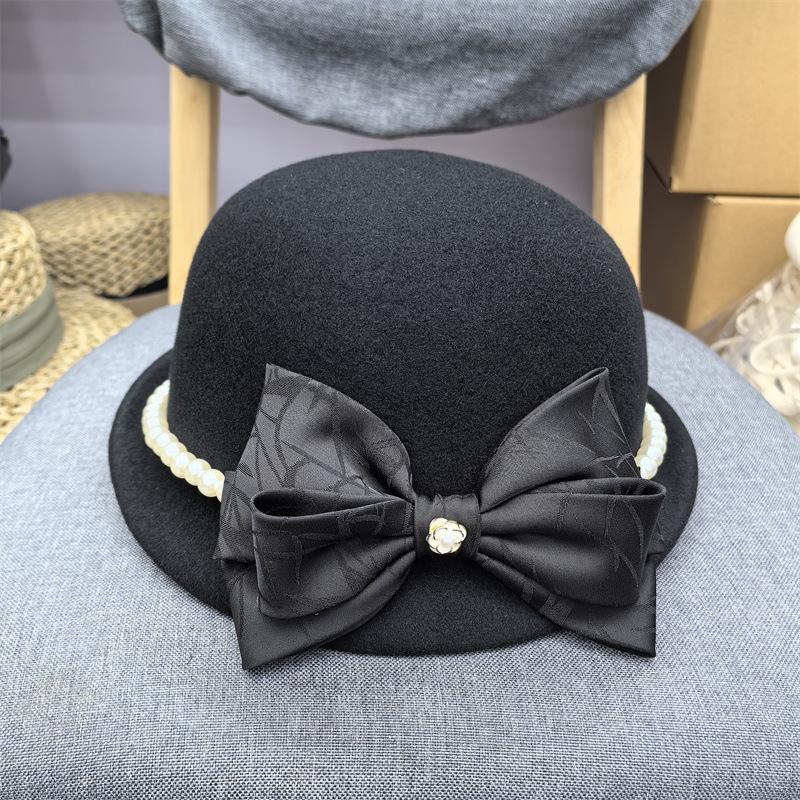 Casual Fashion Top Hat French Hepburn Style Pearl Bow Woolen Beret Fashion Sweet Bow Hat