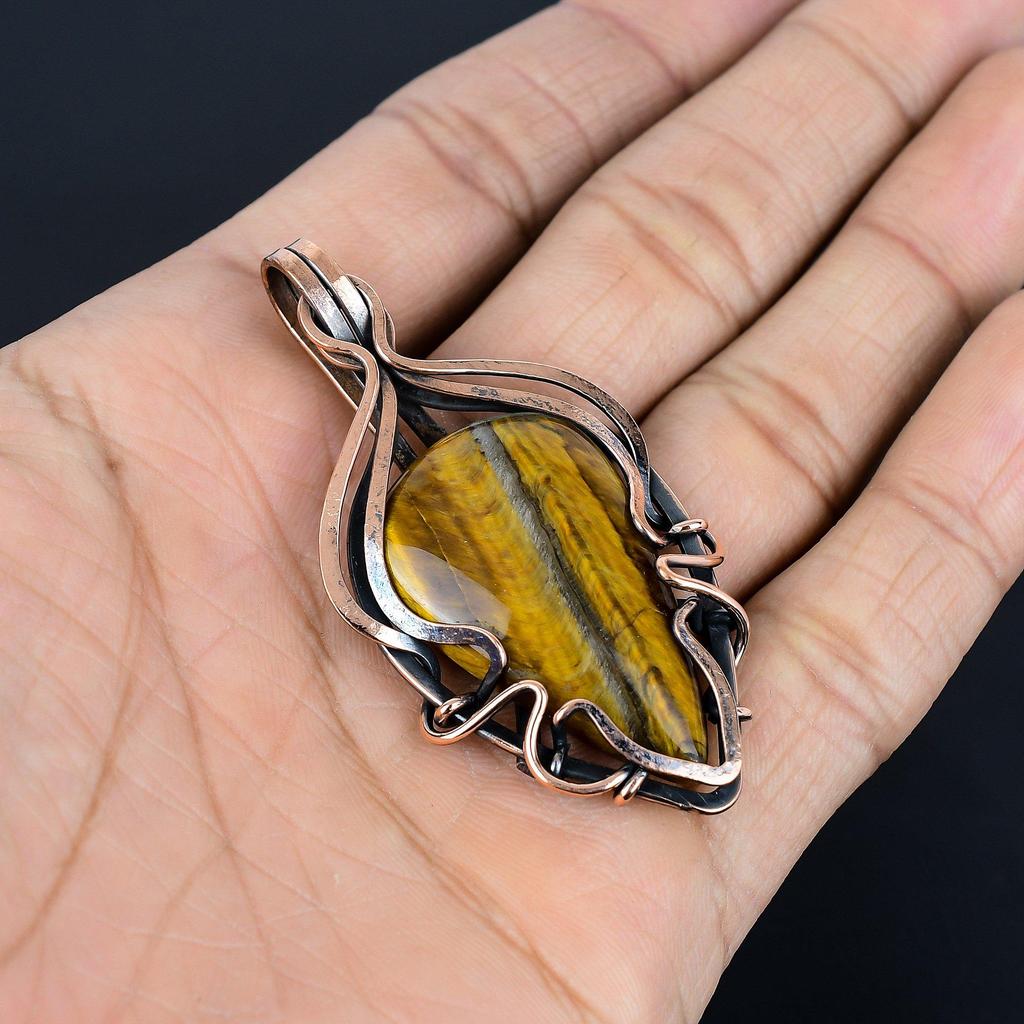 Tiger's Eye 999 Copper Wire Wrapped Pendant, Handmade Gemstone Pendant , Gift For Mom Antique Jewelry