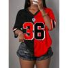 T-shirt pour femme à blocs de couleurs et lettres mode, T-shirt rayé à col en V, Tendance estivale Harajuku, Manches courtes, Streetwear, Hauts de sport surdimensionnés
