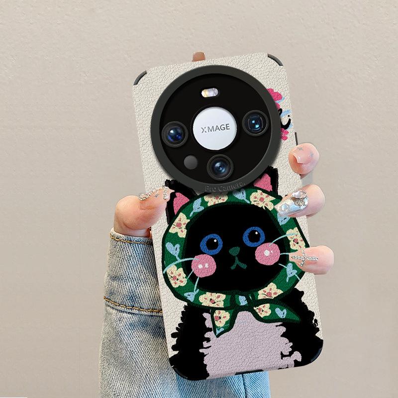 Trendy brand black cat is suitable for Huawei mate60pro mobile phone case lambskin p70 retro 50/40 premium glory 200.