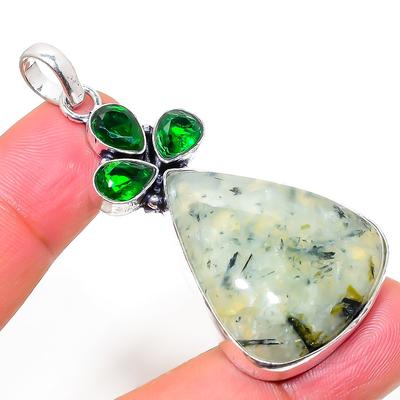 Natürlicher Prehnit, Diopsid Edelstein 925 Sterling Silber Anhänger 2,25" J6q80