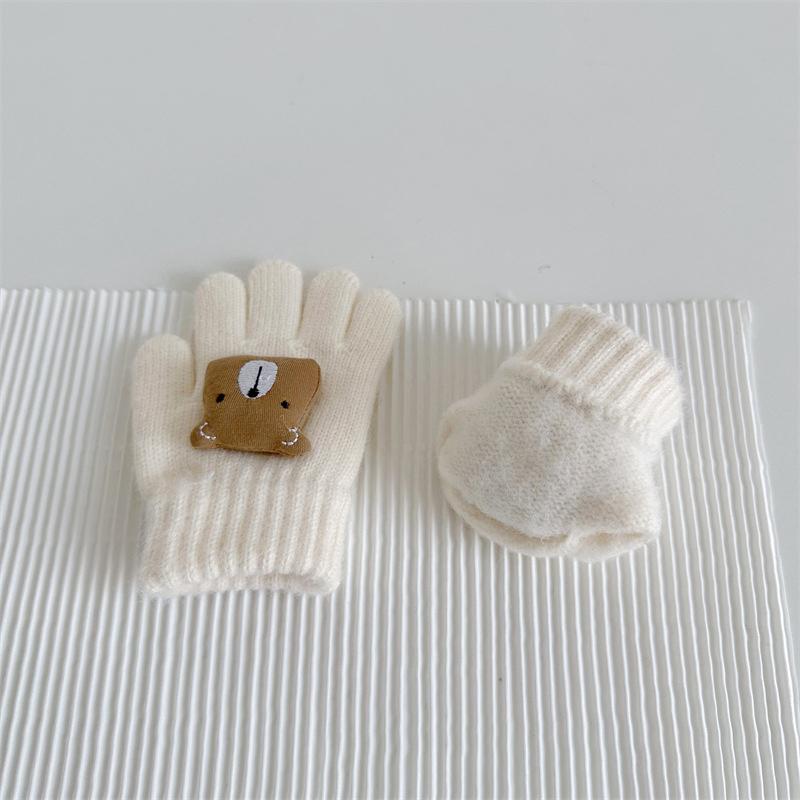 Mignons Gants d'Hiver pour Bébé Ours Couleur Unie Tricotés Doigts Entiers Gants Enfants Garçons Filles Moufles Chaudes d'Extérieur