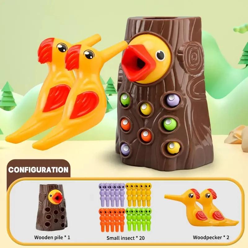 Montessori Toy Woodpecker Magnetic Catch Worm Bugs Small Birds Feeding Game Toys for Children Kids Early Educational Family Toys