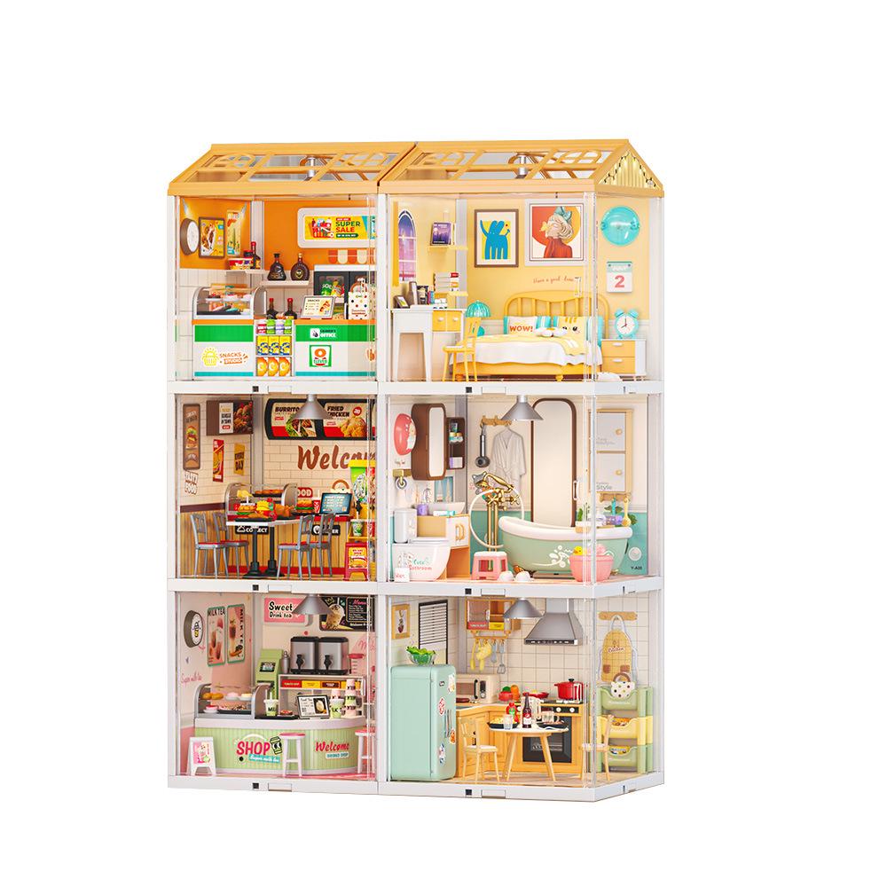 Children's DIY Dollhouse Model with Lights - Big City & Small Town 3D Building Puzzle Educational Toy Gift