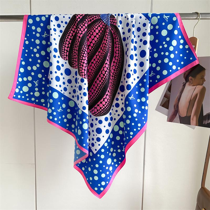 Headscarf Printed Twill Silk Large Square Scarf Small Fragrant Silk Scarf Women'S Anti-Sun Scarf Decorative Scarf Shawl 90Cm