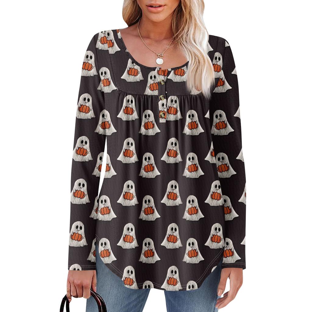 Dame Langermet Tunika Løse Topper Casual Oversized Topper Plissert Tunika Knapper Ned Casual Dame Print Topper