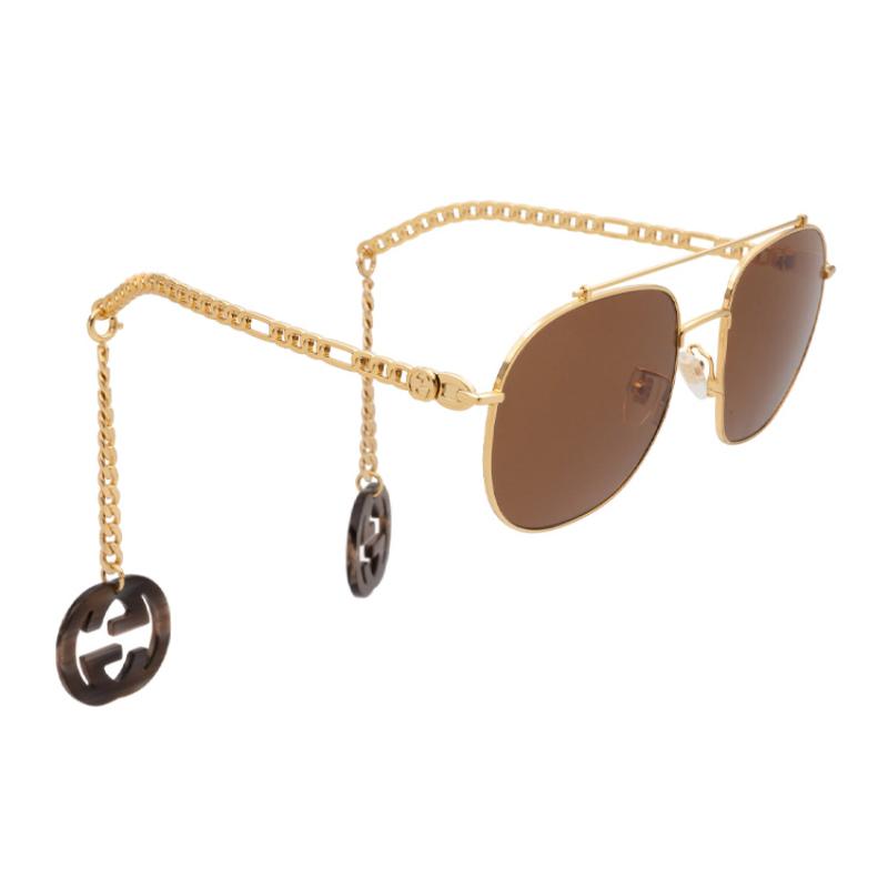 GUCCI Maze Chain Square Frame Sunglasses Earring-style design loop Gold frame brown lenses 58mm round