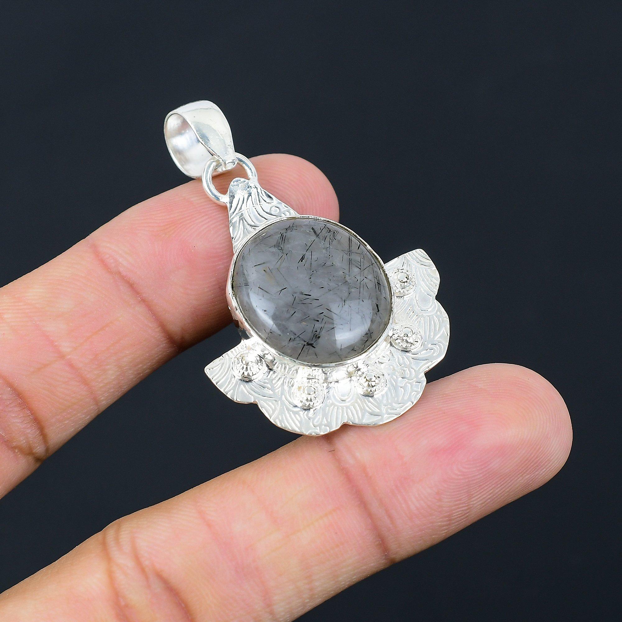 Round Natural Black Rutile 925 Sterling Silver Wife Artisan Boho Pendant Jewelry