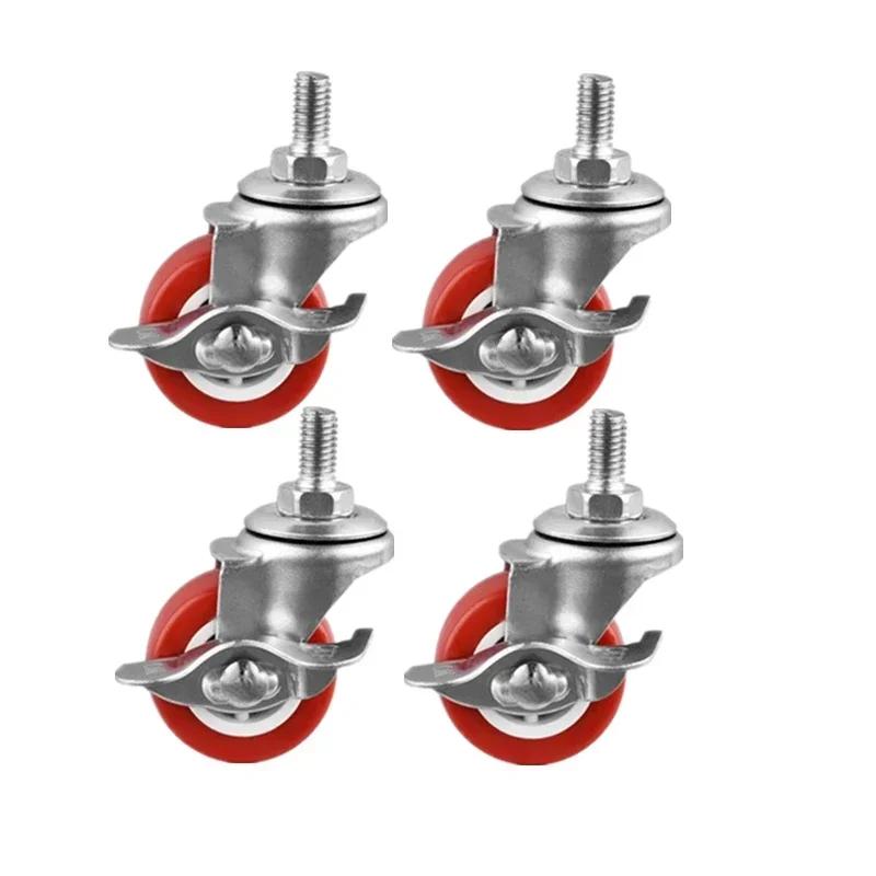 4 Pcs/Lot 1.5/2/2.5/3 Inch Casters M8/M10 Screw Fixed/Universal/Brake Wheels Silent Coffee Table Pulley Light Furniture Red PVC