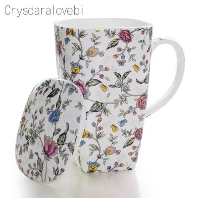 700 ml, Kubki z Prawdziwej Porcelany Kostnej z Pokrywką, Kubek do Kawy Śmieszny Kubek, Urocze Duże Kubki do Kawy z Kwiatowym Malunkiem, Ceramiczny Kubek Idealny Prezent
