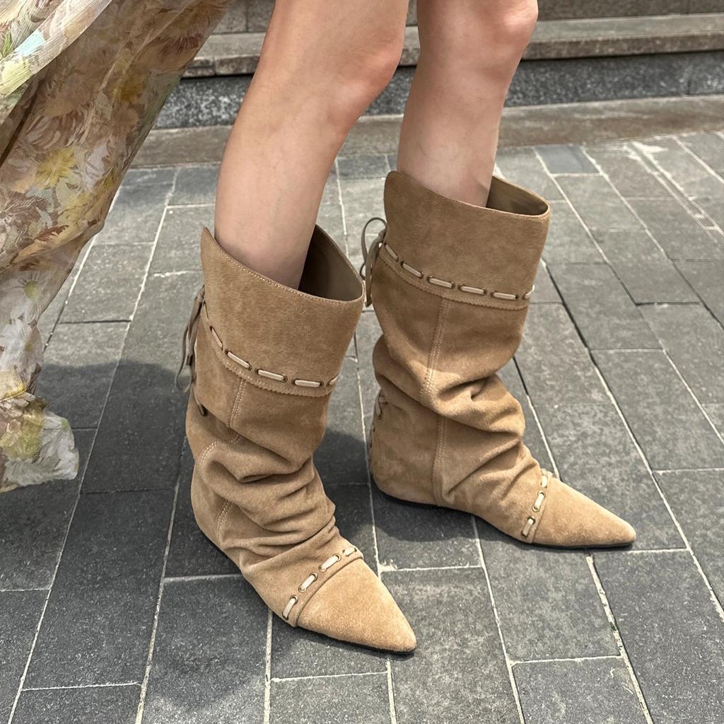 Super soft lambskin~ inner height increase 5cm suede pleated knight boots women's folding two wear western cowboy boots women's boots