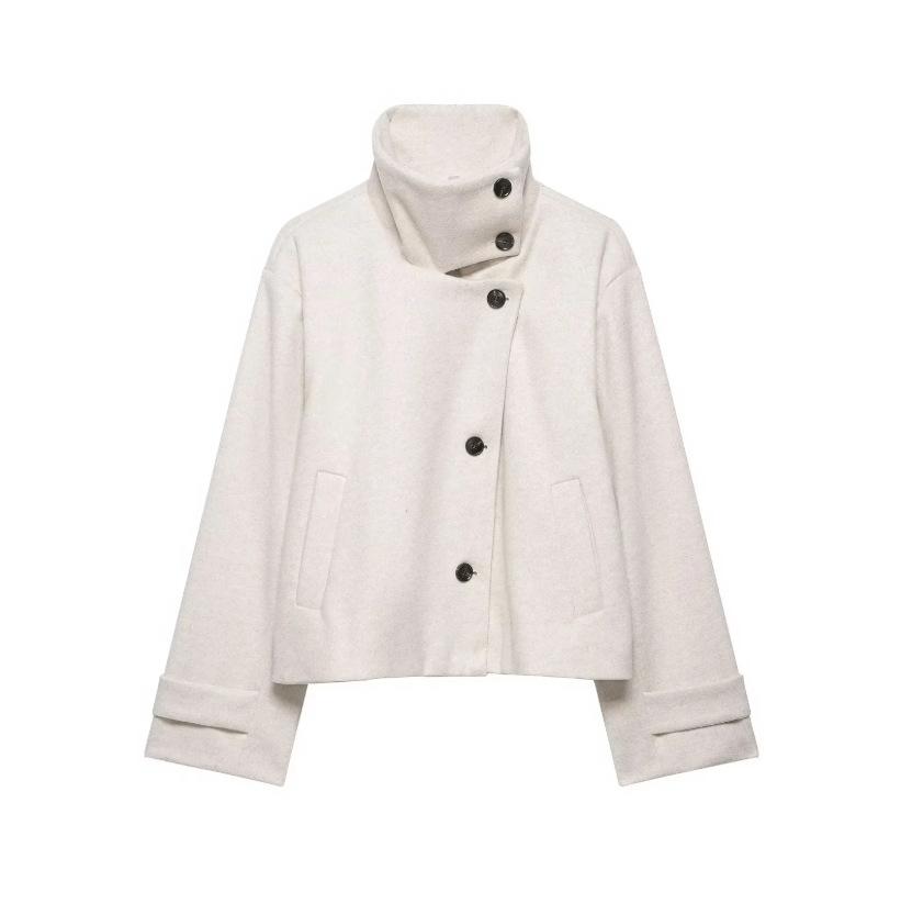 Women's Stand Collar Asymmetric Button Cropped Coat Solid Color Turn Cuff Patch Pockets Loose Fit Casual Outerwear