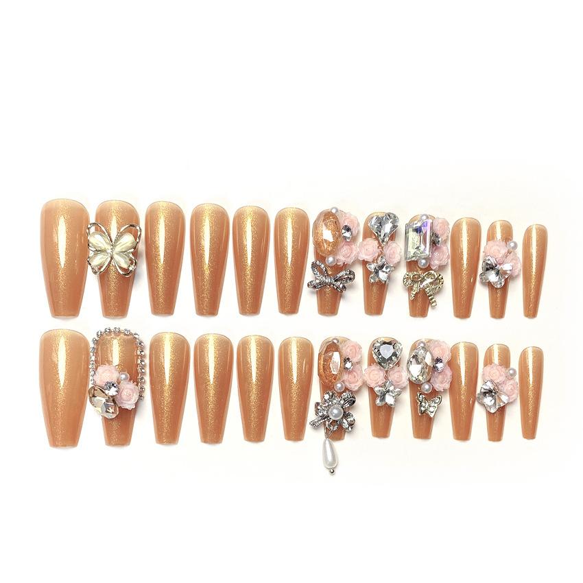 Medium Coffin Press On Nails with Rhinestones Designs Reusable Full Cover Glue On Fake Nails Press Ons Artificial False Nails Stick On Nails for Women