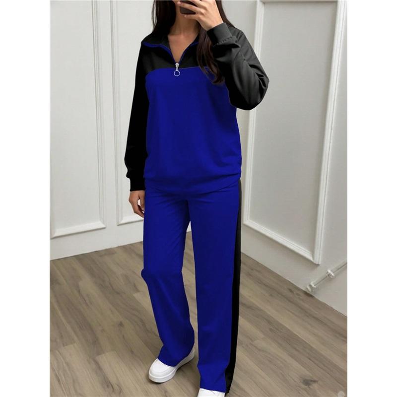 Women 2 Piece Tracksuit Color Block Half Zip Sweatshirt & Wide Leg Pants Set Casual Knit Loungewear Outfit