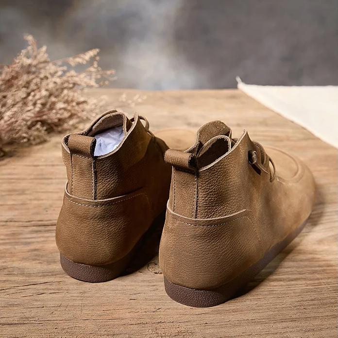 Johnature Retro Genuine Leather Flat Ankle Boots Handmade Soft Cowhide Elastic Band Soft Soled Women's Shoes