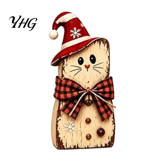 Vintage Santa Claus Elk Cat Figurines Christmas Wooden Tabletop Figurine, Hand Painted Reindeer Decor, Rustic Festive Crafts Wood Holiday Statues for
