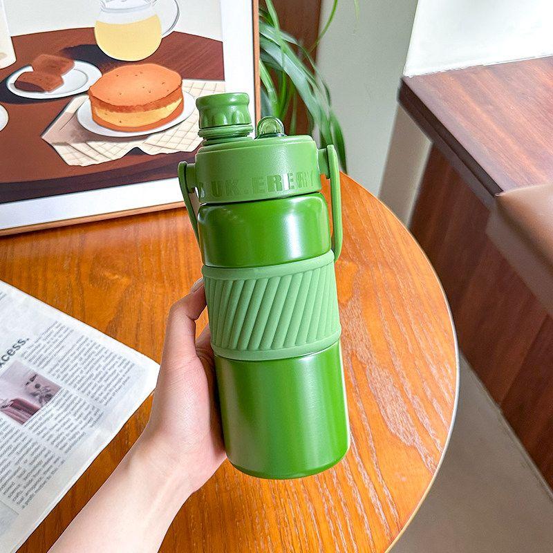 Simple Large-Capacity Thermos Cup for Students, Portable with Handle, Dual Drinking Cup, High-Looking, Unisex Fitness Straw Water Bottle