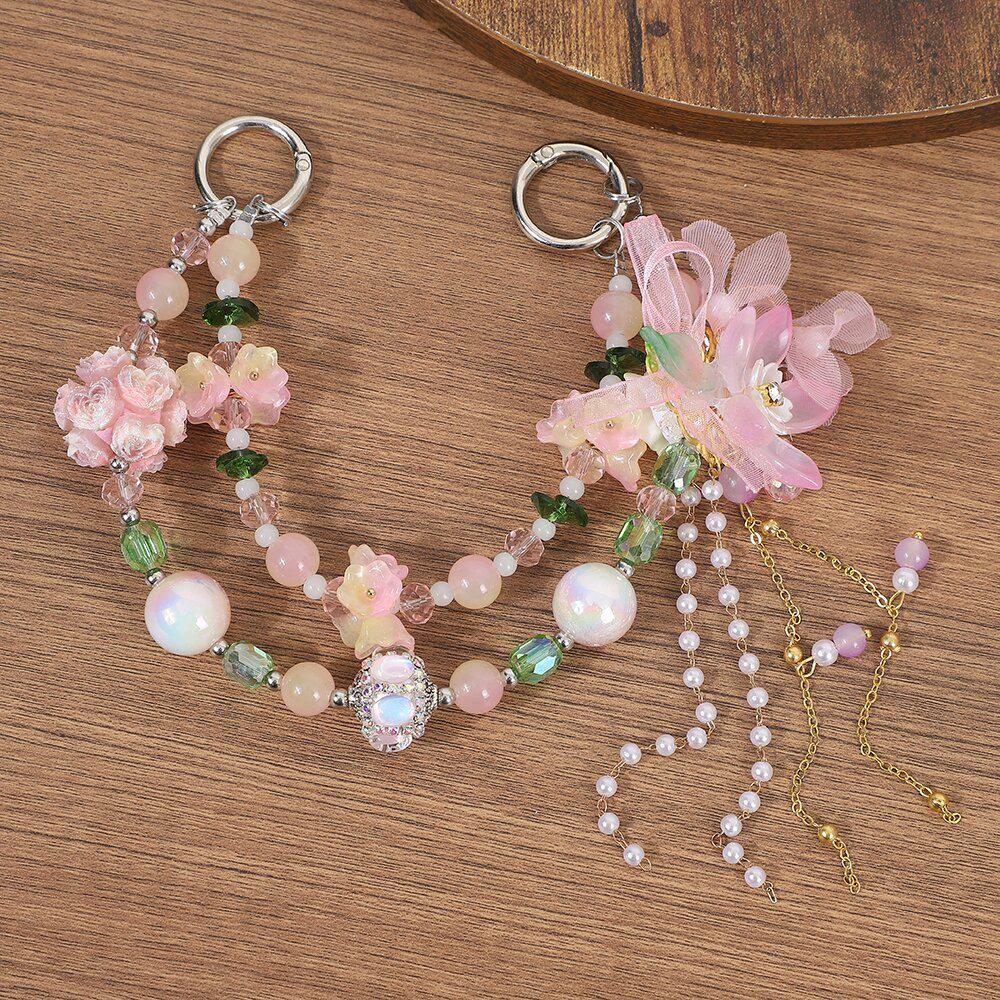 Glass Lotus Phone Chain: Chinese Style Butterfly Beaded Lanyard & Anti-Lost Wrist Strap Keychain Bag Accessory.