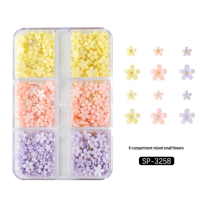 6-Grid Nail Art Set: Resin Mix, Pearls, Steel Beads, Macaron & Candy Color Flowers 3D Decor.