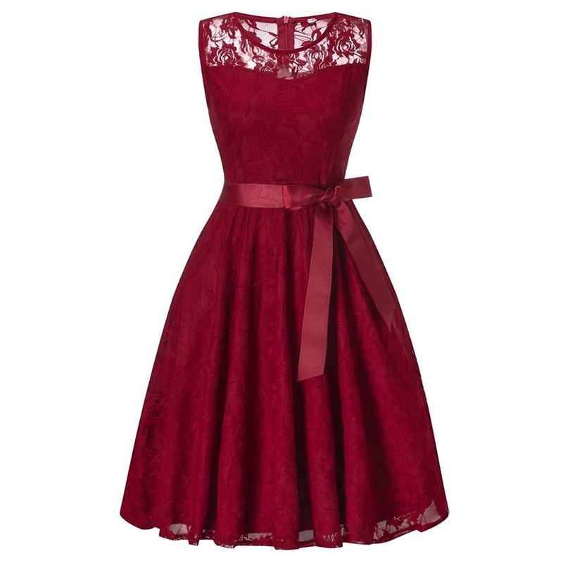 Elegant Round Neck Sleeveless Lace Stitching Retro Dress With A Large Belt And Slim Swing Skirt